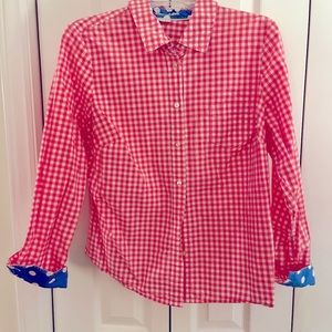 Pink and White Gingham Boden Shirt With Blue Polka Dot Detail